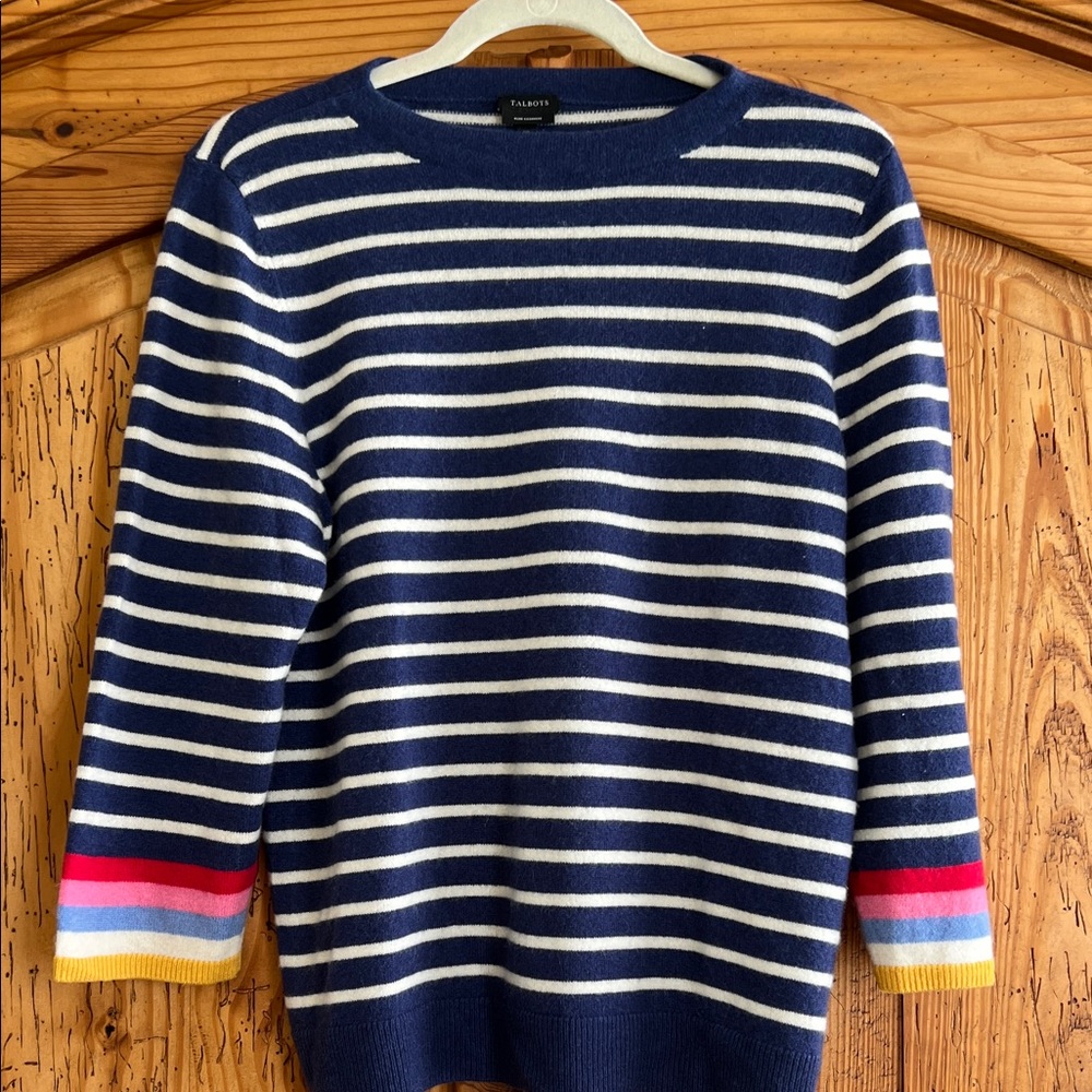 Talbots Navy and White Striped Sweater with Colorful Cuffs